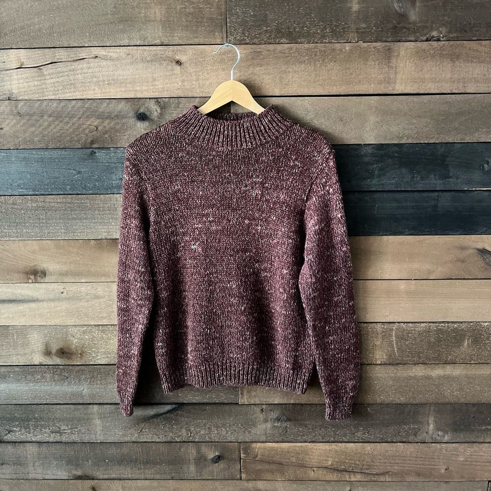 Vintage Sonoma Tweed Mock Neck Sweater – Marled Burgundy Wool Blend M